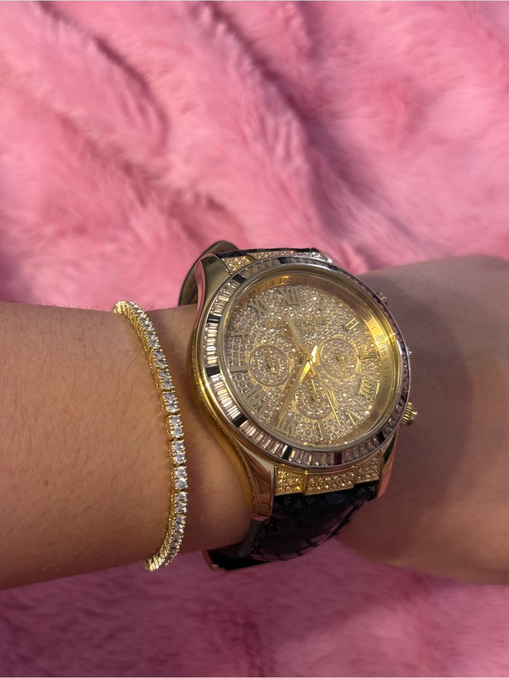 Michael Kors Gold Crystal Dial Unisex Watch with Black Leather Strap